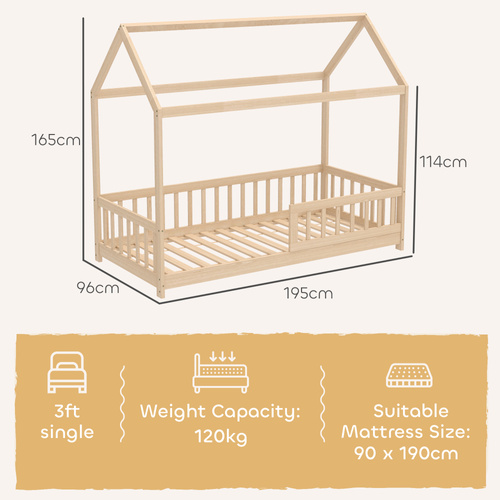 HOMCOM House-Shaped Kids Bed Frame with Guard Rails, Solid Pine Wood Single Bed Frame for Kids Boys and Girls, Natural