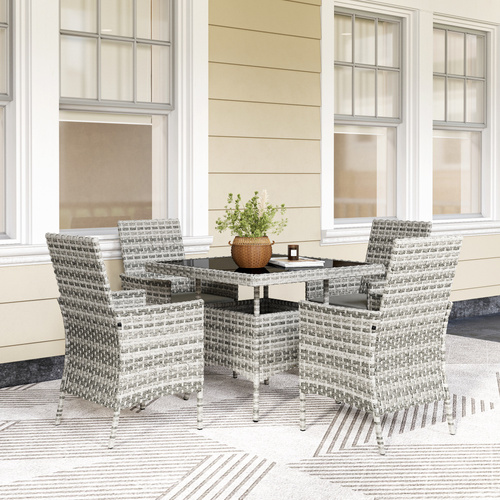 Outsunny Rattan Garden Furniture Set, Outdoor Dining Table and Chairs 4 Seater with Cushions, Square Tempered Glass Top, 4 Armchairs, for Balcony, Terrace, Conservatory, Mixed-Grey