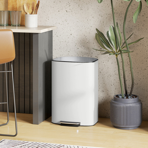 HOMCOM 50L Kitchen Bin with Soft-Close Lid and Stay-Open Function, Stainless Steel Pedal Bin with Removable Inner Bucket, Carry Handle for Kitchen, Office, Home, Cream