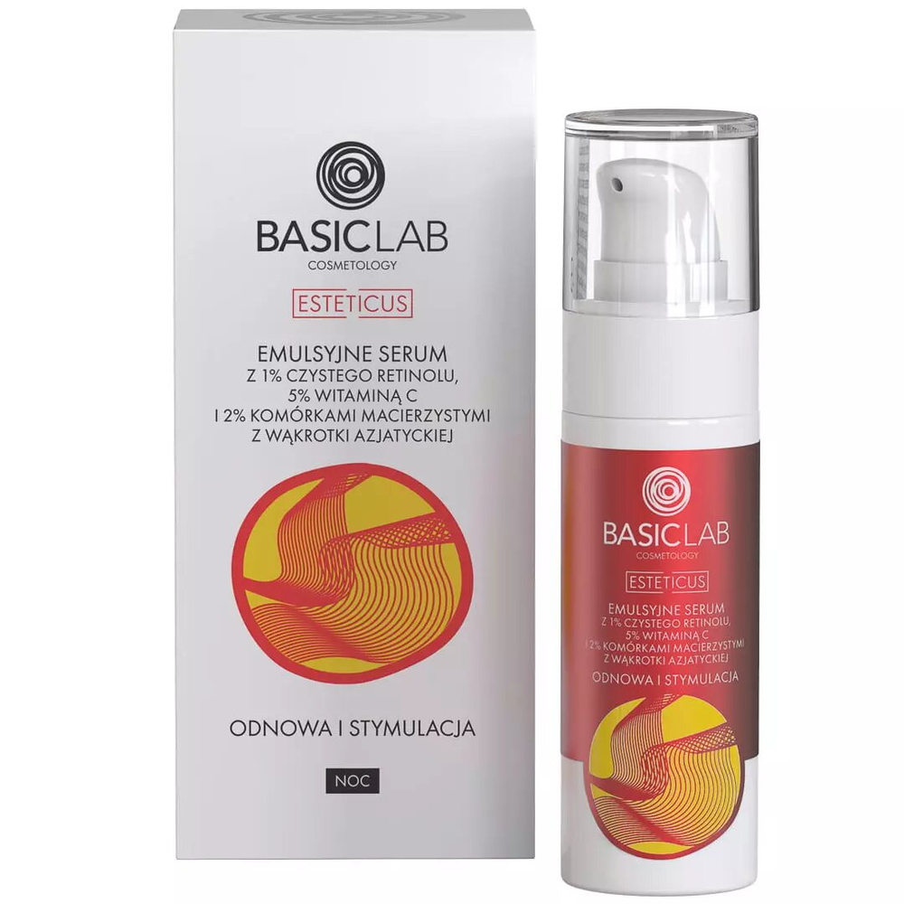 BasicLab Emulsion Serum with 1% Pure Retinol 5% Vitamin C Coenzyme Q10 and 2% Centella Asiatica Stem Cells Renewal and Stimulation for Night 30ml