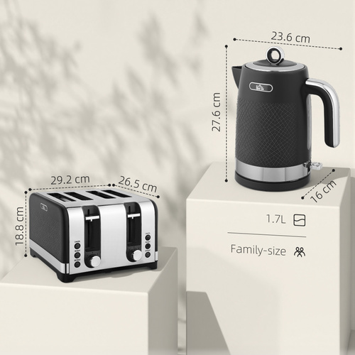HOMCOM Sleek Textured Kettle and Four-Slice Toaster Set - Black