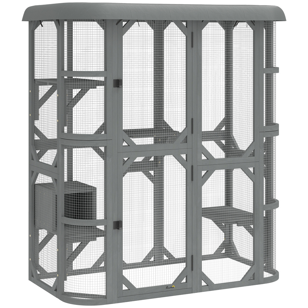 PawHut Catio Outdoor Cat Enclosure,  Wooden Cat House with Platforms, Condo and Waterproof Cover for 2–3 Kittens, Grey