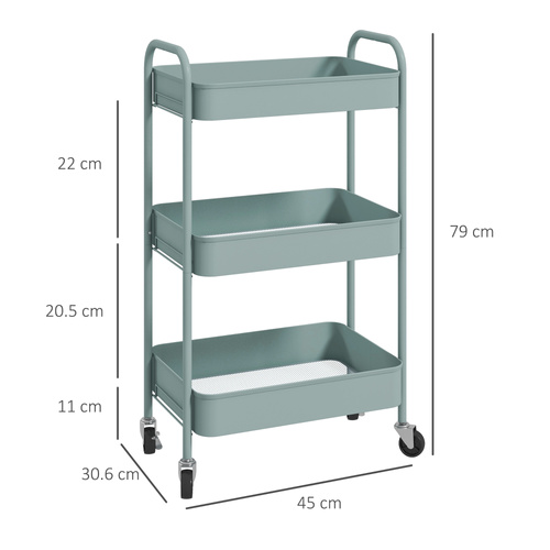 HOMCOM Three-Tier Steel Storage Trolley - Light Blue