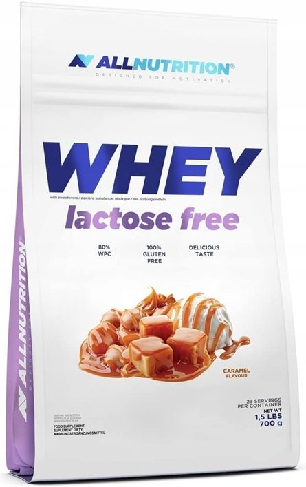 Allnutrition Whey Lactose Free Białko Serwatkowe Bez Laktozy Karmelowe Na Budowę Masy Mięśniowej 700g