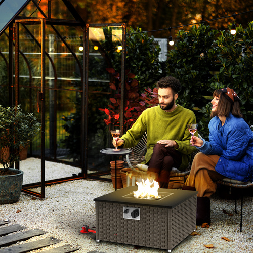 Outsunny Rattan Gas Fire Pit Table for Garden, 13 KW Smokeless Propane Fire Pit with Lid, Square Garden Coffee Table with Patio Heater for Outdoor, Patio, 58 x 58 x 33 cm, Grey