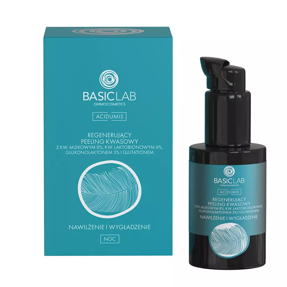 BasicLab Zaawansowany Regenerujący Peeling Kwasowy z 8% Kwasem Mlekowym, 6% Kwasem Laktobionowym i 3% Glukonolaktonem - Przeciwstarzeniowe Nawilżanie, 30 ml