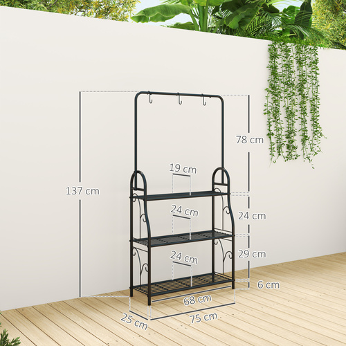 Outsunny 3 Tier Plant Stand with Hanging Rod and Hooks, Metal Plant Rack Shelf, Ladder Flower Pot for Indoor Outdoor Porch Balcony Living Room Bedroom, Black
