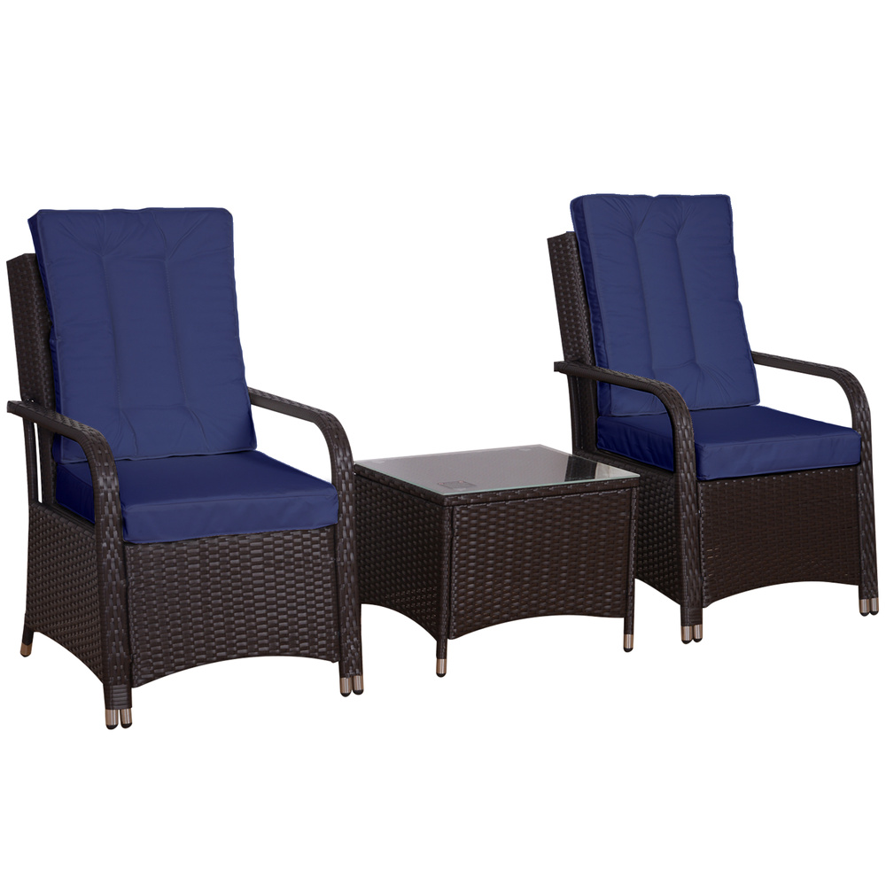 Outsunny 3 Pieces Rattan Bistro Set with Furniture Cover, Wicker Garden Furniture Set, Glass Top Coffee Table and Chairs with Cushions for Outdoor, Patio, Balcony, Dark Blue