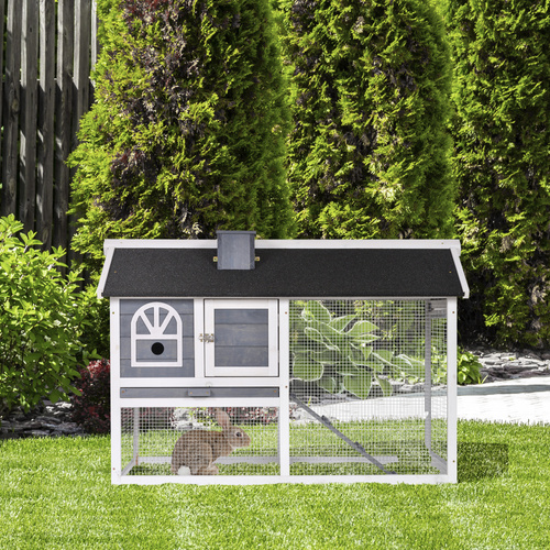 PawHut Wooden Rabbit Hutch and Run with Sliding Tray, Ramp, Water-resistant Roof, for 2-4 Rabbits, Grey