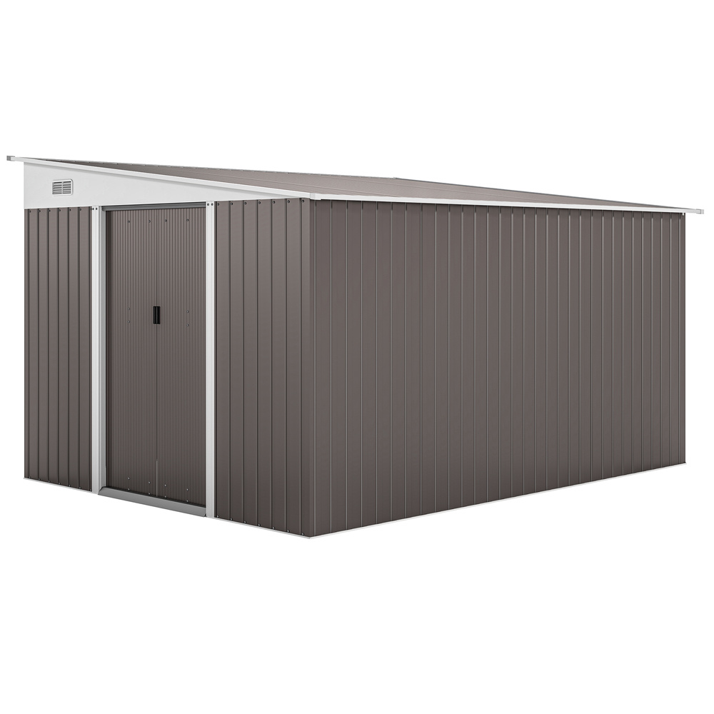 Outsunny 11.3 x 9.2ft Lean to Metal Garden Shed, Outdoor Galvanised Tool Storage House with Double Sliding Doors and 2 Air Vents, Grey