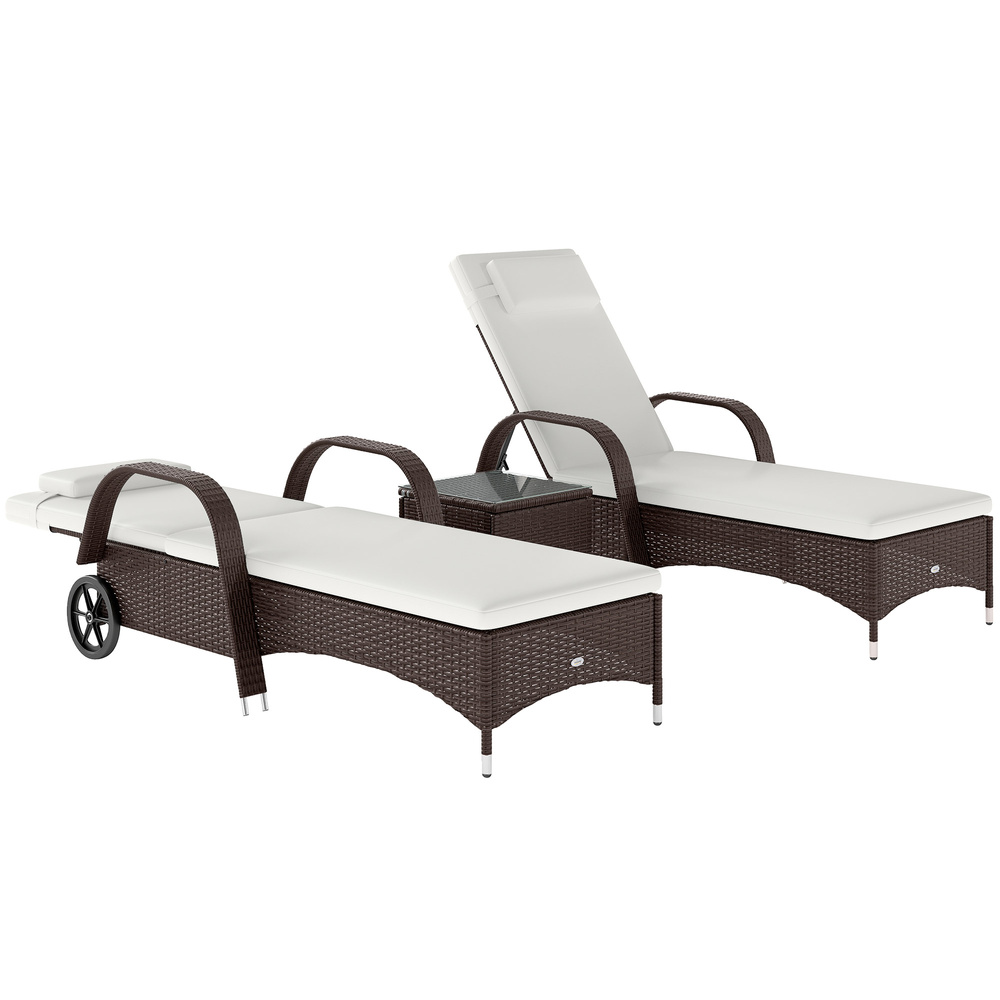 Outsunny Rattan Sun Loungers for Garden Set of 2 with Side Table, Garden Recliner Sunbeds with Adjustable Back, Wheels, Cushions and Headrest, 3 Pieces Garden Furniture Set for Outdoor, Patio, Brown