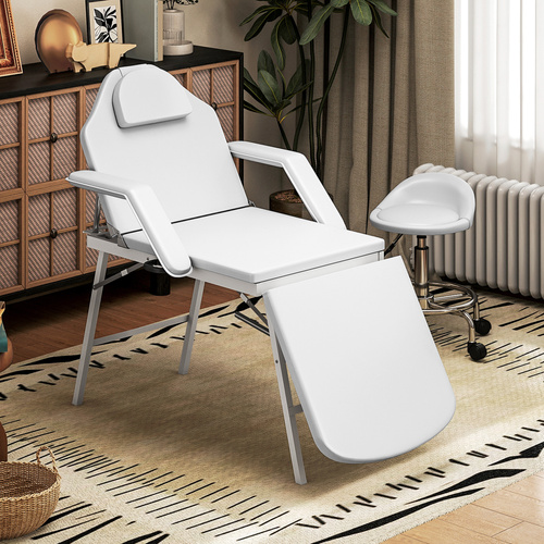 HOMCOM Portable Massage Table, 3 Section Adjustable Beauty Bed, Foldable Massage Bed with Face Hole, Recliner Chair with Removable Headrest and Armrests for Spa, Lash, Tattoo, White
