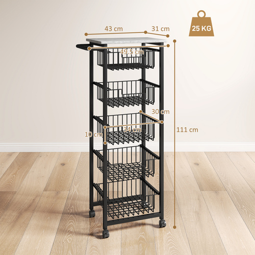 HOMCOM Five Basket Mobile Kitchen Island, with Brakes - Grey/Black