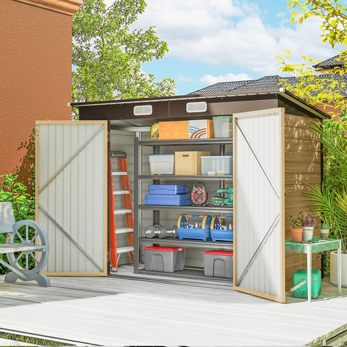 Outsunny 3.7 x 7.9ft Galvanised Steel Shed, with Latched Door and Padlock - Oak