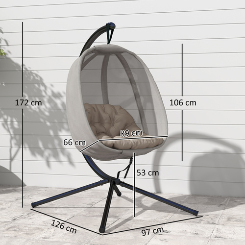 Outsunny Hanging Egg Chair, Folding Texteline Swing Hammock with Side Pocket, Cushion and Stand for Indoor Outdoor, Patio Garden Furniture, Khaki