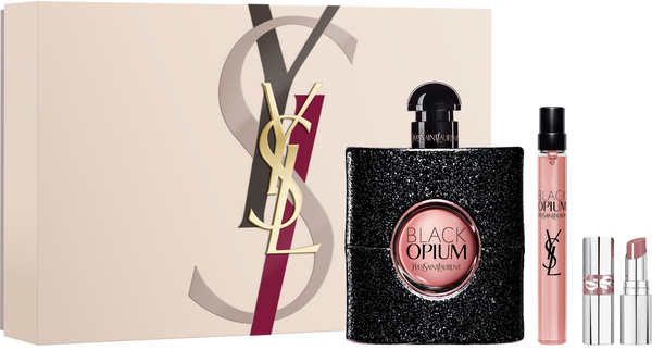 Yves Saint Laurent Black Opium Woda Perfumowana 90ml EDP Woda Perfumowana 10ml EDP Pomadka Loveshine 44 Nude Lavalière Zestaw dla Kobiet 1 Sztuka
