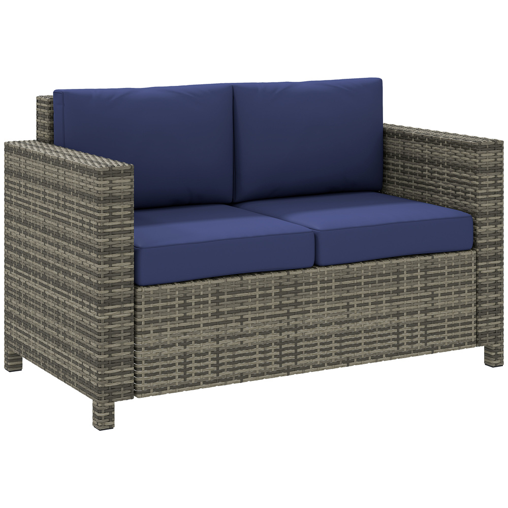 Outsunny Rattan Sofa, 2 Seater Garden Furniture with Soft Padded Cushion and Armrests, Wicker Garden Loveseat for Patio, Navy Blue