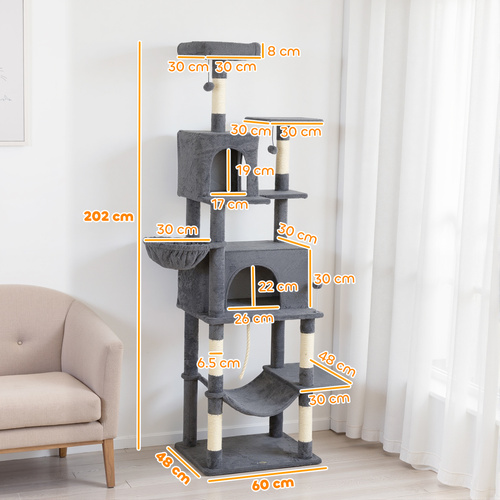 PawHut 202cm Large Cat Tree with 6 Scratching Posts, 2 Hammocks, 2 Condos, 2 Perches, Pompoms, for Indoor Cats to Rest and Play