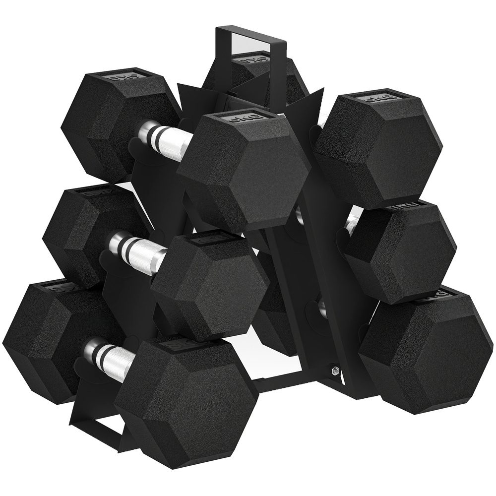 SPORTNOW Hex Dumbbell Set with Weights Storage Rack, Rubber Coated Dumbbells, Non-Slip Chrome Handles, Space-Saving for Home Gym Weight Lifting Strength Training, 2 x 2kg, 2 x 5kg, 2 x 8kg