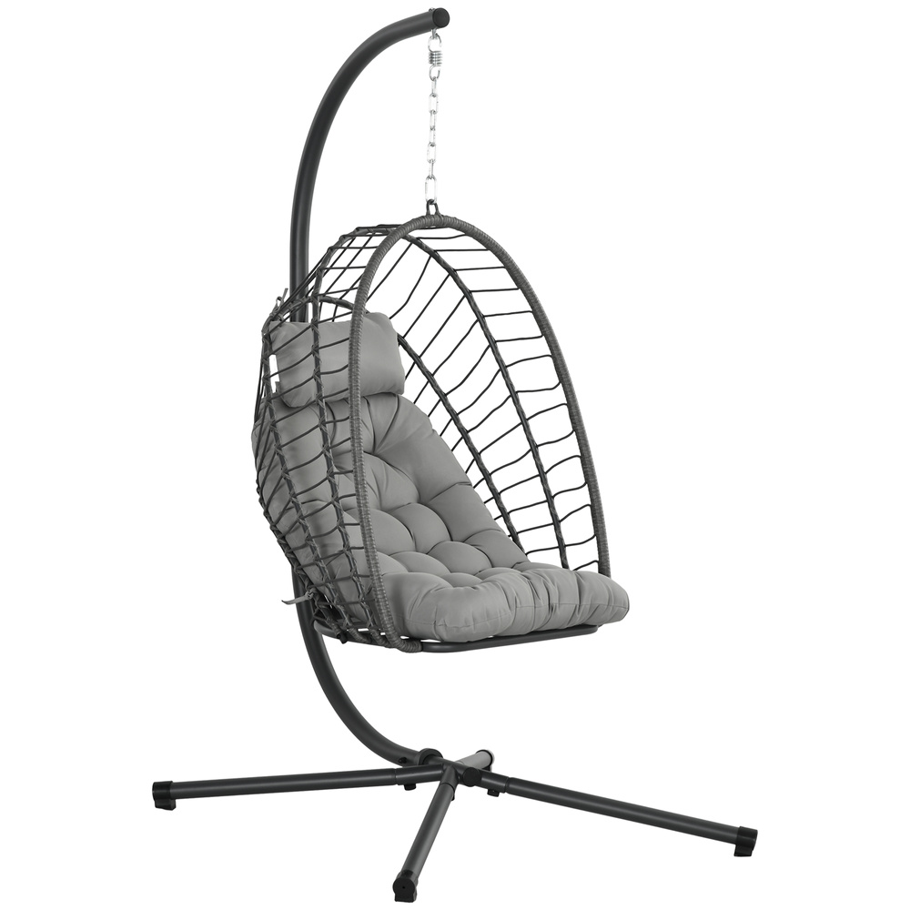 Outsunny Outdoor PE Rattan Swing Chair with Foldable Basket and Cushion, Garden Patio Hanging Egg Chair with Metal Stand, Headrest for Indoor and Outdoor, Light Grey