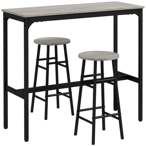 HOMCOM 3 Piece Bar Table Set with 2 Stools, Industrial Bar Table and Stool Set, Dining Table and Chair Set, Grey