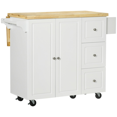 HOMCOM Kitchen Island on Wheels, Rolling Kitchen Storage Trolley with Drop Leaf, Drawers, Towel and Spice Rack, White