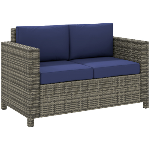 Outsunny Rattan Sofa, 2 Seater Garden Furniture with Soft Padded Cushion and Armrests, Wicker Garden Loveseat for Patio, Navy Blue