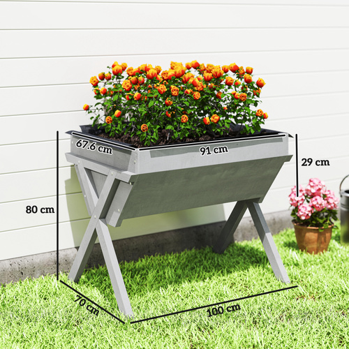 Outsunny Wooden Raised Garden Bed with Bed Liner, Elevated Planter Box with Legs, Light Grey