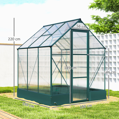 Outsunny 6x6 FT Polycarbonate Greenhouse with Base and Raised Bed, Walk-in Greenhouse with Aluminium Frame, Temperature Controlled Window, Foundation for Plants, Flowers, Vegetable