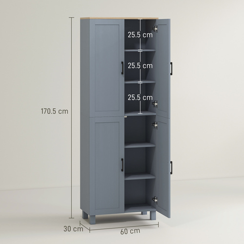 HOMCOM Freestanding Kitchen Cupboard, 4-Door Storage Cabinet with Adjustable Shelves, Modern Kitchen Pantry for Dining Room, 170cm, Grey Wood Effect