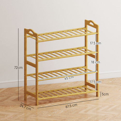 HOMCOM Freestanding Bamboo Shoe Rack, 4-Tier Shoe Shelf Stand for Hallway, Living Room, Bedroom, Natural Wood Finish