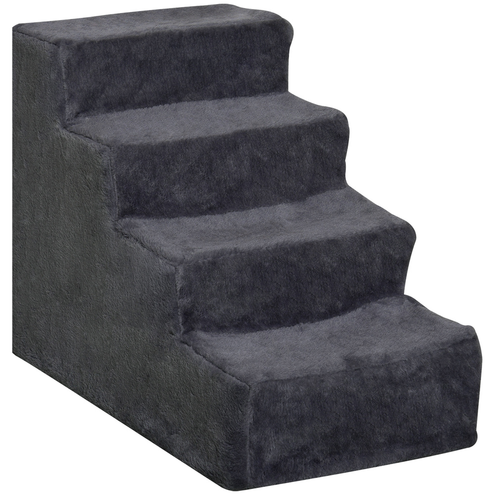 PawHut Four-Step Dog Stairs, with Washable Plush Cover, for High Bed Sofa, Dog Stairs for Small Dog and Cat - Dark Grey