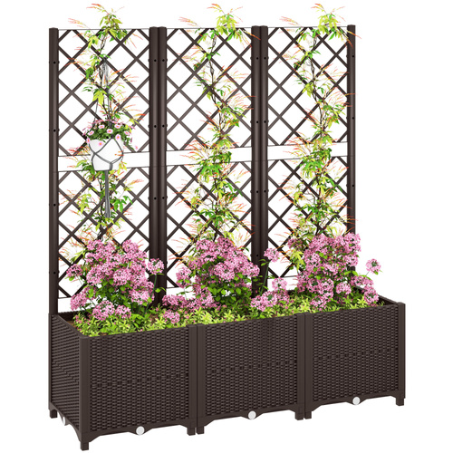 Outsunny Raised Garden Bed with Trellis, Plastic Planter Box with Drainage Holes, Drain Plugs and Water Reservoirs for Climbing Plants, Vegetables, Flowers, Brown
