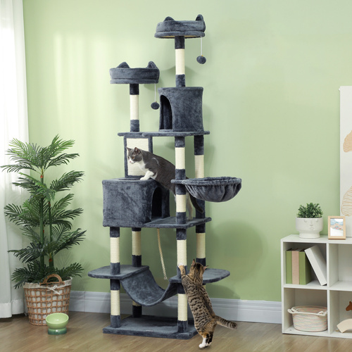 PawHut 206cm Cat Tree, Multi-Level Cat Tower with Scratching Posts and Board, Beds, Condos, Platforms, Toy Balls, Dark Grey