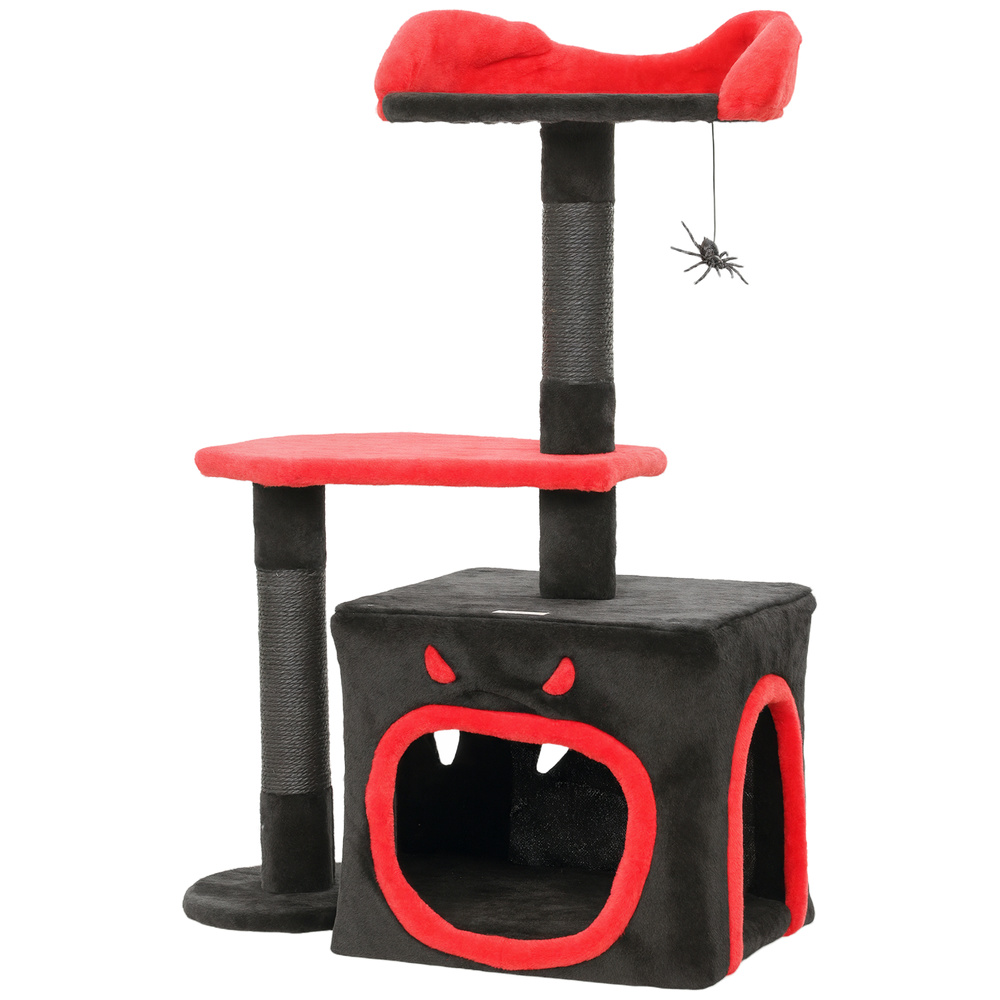 PawHut Cat Tree, Gothic Cat Tower with Scratching Posts, Cute Condo, Coffin Platform, Bed and Spider Toy, Halloween
