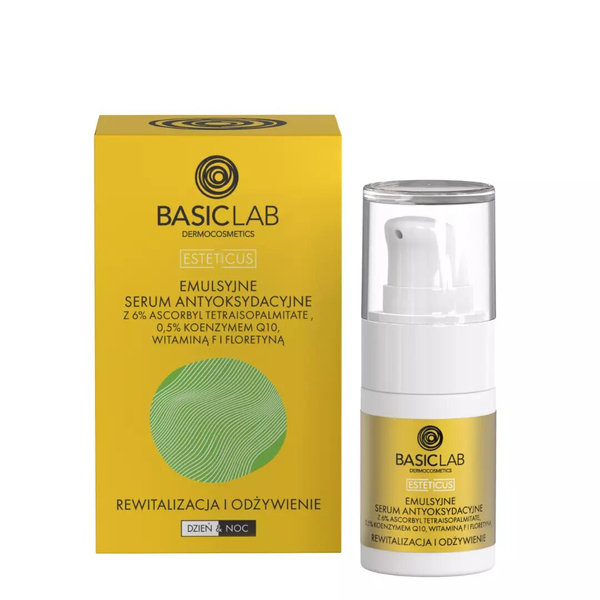 BasicLab Dermocosmetics Luxury Antioxidant Emulsion Serum with 6% Ascorbyl Tetraisopalmitate - Revitalizing & Nourishing Formula for Dry to Very Dry Skin, Day & Night Use, 15ml
