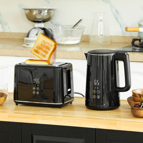 HOMCOM Polished Stainless Steel Kettle and Toaster Set - Black
