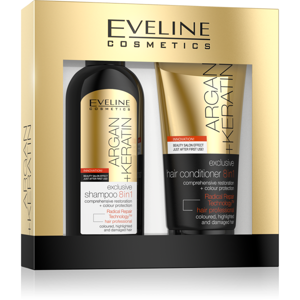 Eveline Cosmetics Argan+Keratyna 8w1 Zestaw do Włosów Szampon 150ml i Odżywka 200ml