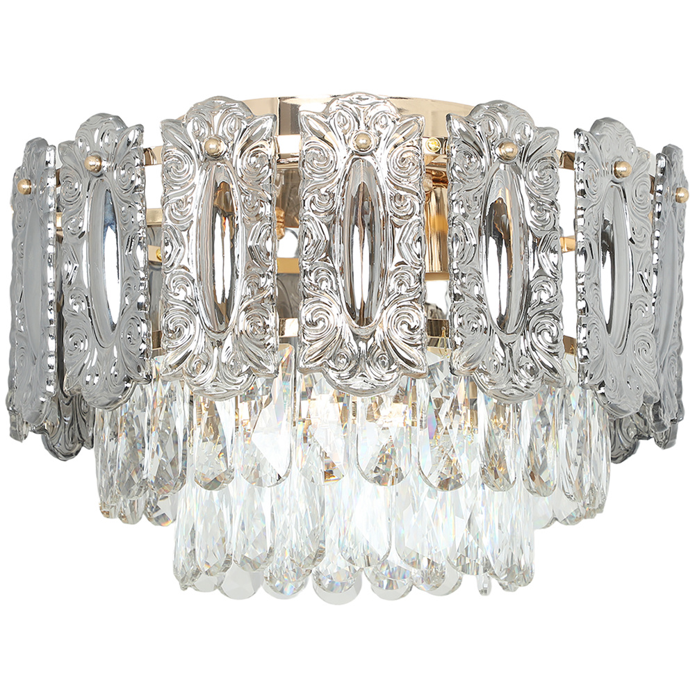 HOMCOM Chandelier Ceiling Light, 3-Light Vintage Flush Mount Fixture with Dual Crystal and Smoke Glass Shade, LED Ceiling Light for Living Room Bedroom, 3 E14 Sockets, Bulbs Not Included, Gold Tone