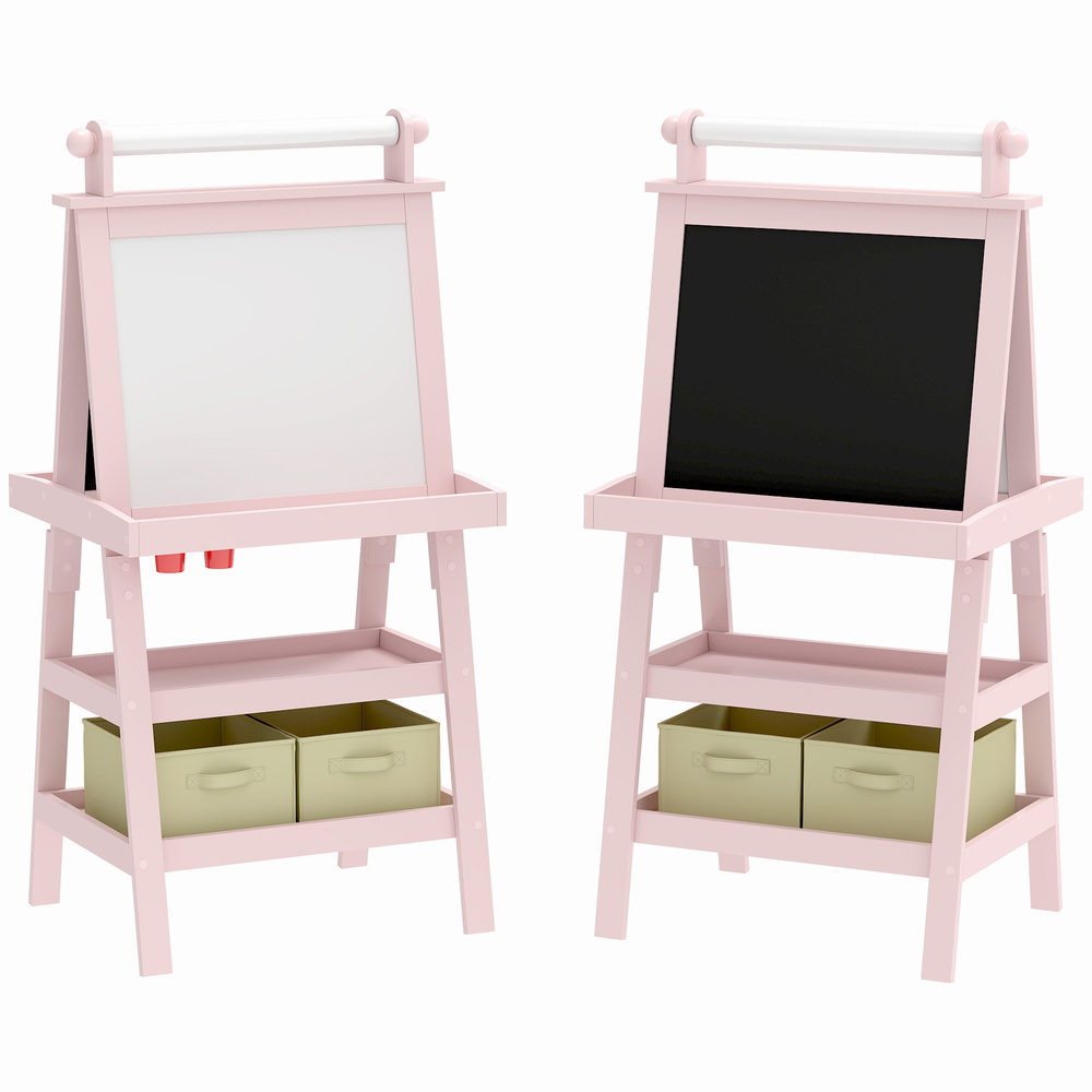 AIYAPLAY 3 in 1 Kids Easel Double-Sided Magnetic Whiteboard and Chalkboard with Paper Roll, Storage Baskets - Pink