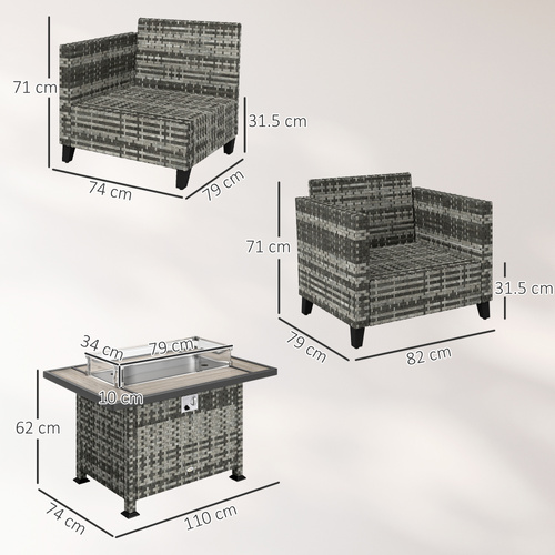 Outsunny 5-Piece Rattan Patio Furniture Set with Gas Fire Pit Table, Loveseat Sofa, Armchairs, Cushions, Pillows, Grey
