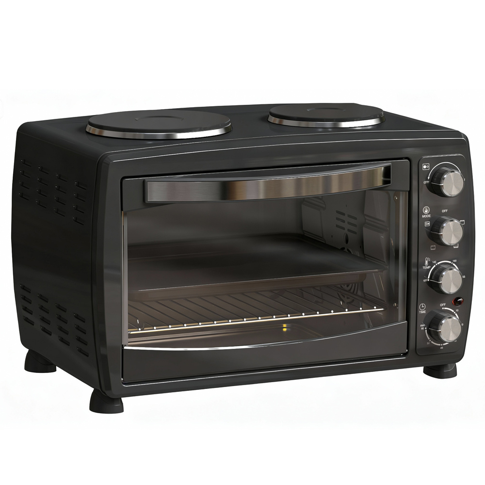 HOMCOM 36L Small Oven with 2 Hot Plates, Countertop Toaster Oven, Grill, Roast, Bake, Boil, with Timer, Adjustable Temperature, Electric Oven with Baking Tray, Grill Rack, Crumb Tray, 2600W, Black