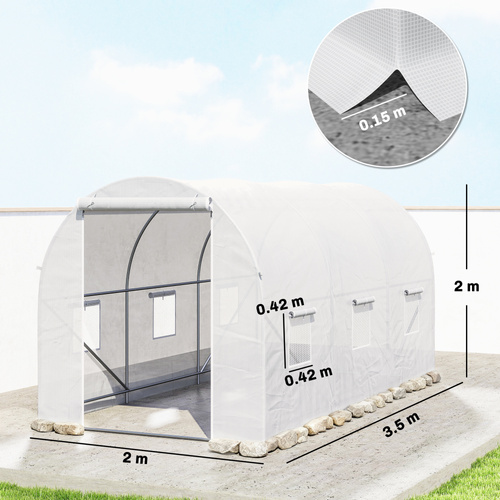Outsunny 3.5 x 2 x 2 m Polytunnel Greenhouse, Walk-in Green House for Garden with Mesh Windows, Galvanised Steel Frame, White