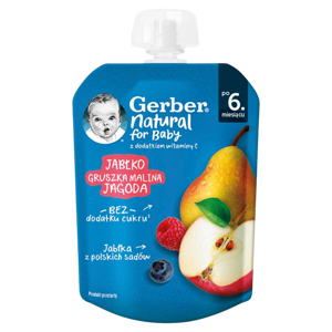 Gerber Deserek Mus Jabłko Gruszka Malina i Jagoda dla Dzieci po 6 Miesiącu bez Dodatku Cukru 80g Best Before 31.10.26