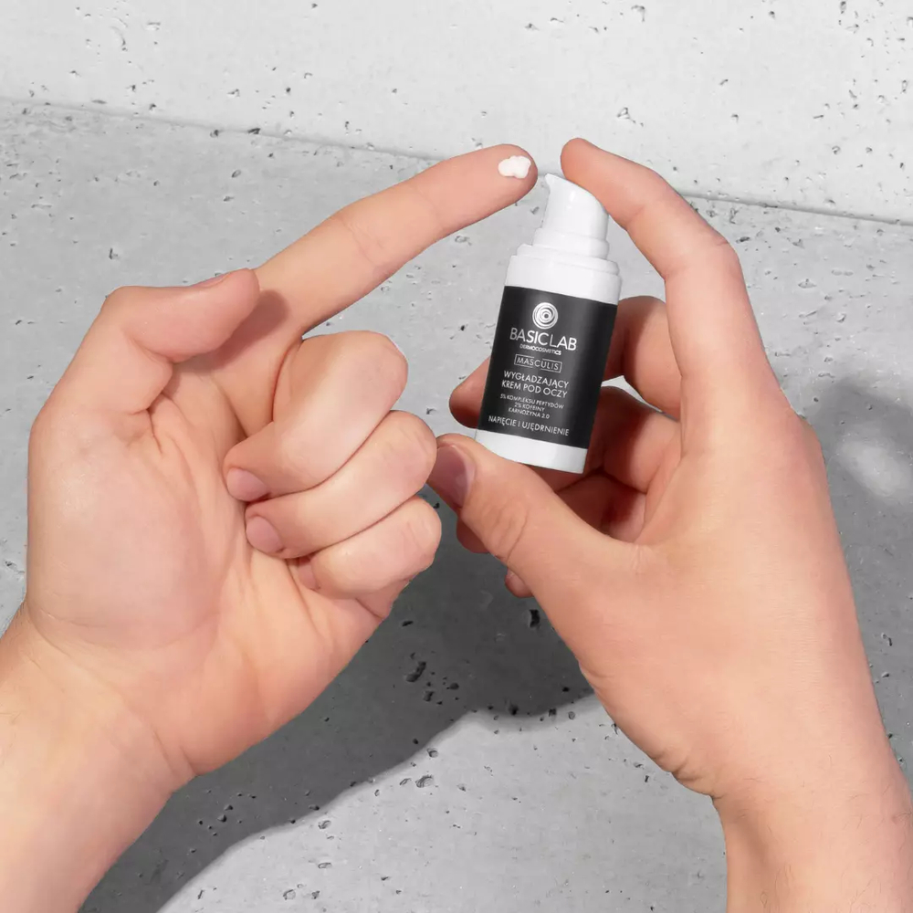 BasicLab Masculis Krem Pod Oczy dla Mężczyzn  5% Kompleksu Peptydów, 2% Kofeiny, Karnozyna 2.0  Anty-Aging i Ujędrniający  15 ml