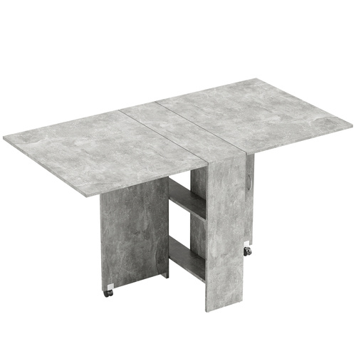 HOMCOM 80-140 cm Folding Dining Table for 4-6 People, Drop Leaf Table with 2-Tier Shelves, Rolling Casters, for Small Spaces, Kitchen, Flat, Dining Room, Cement Grey
