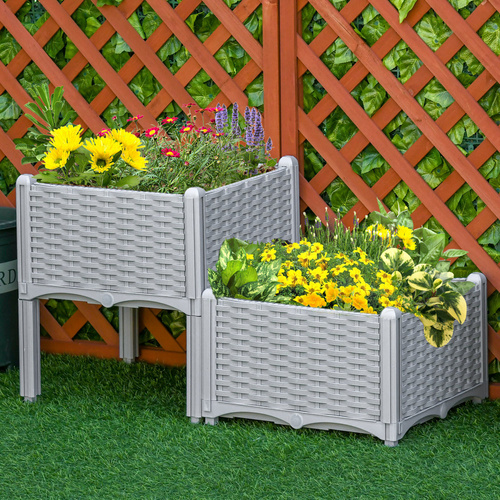 Outsunny Set of Two Rattan-Effect Planters - Grey