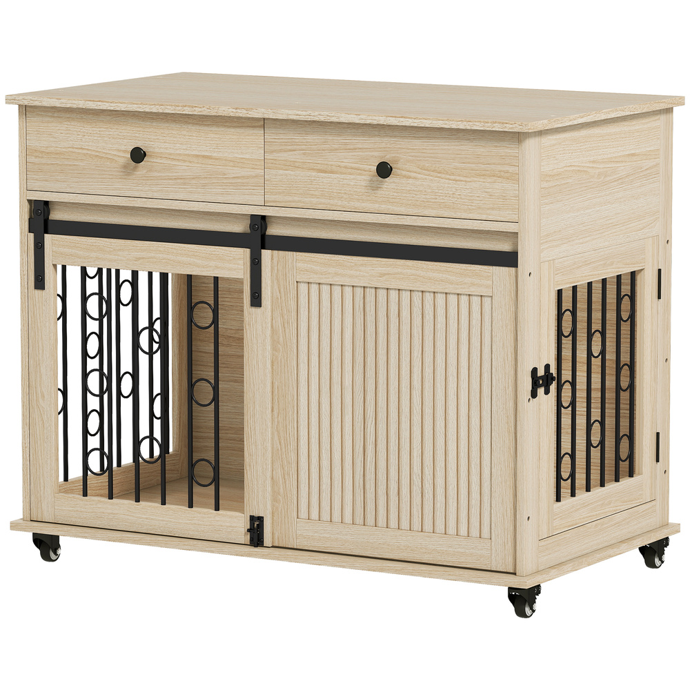 PawHut Dog Crate Furniture on Wheels, Dog Cage with 2 Drawers, Sliding Door, for Medium Large Dogs, Oak Tone