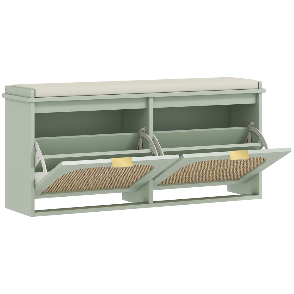 HOMCOM Boho Shoe Bench with Padded Seat and 2 Flip-Drawers - Light Green