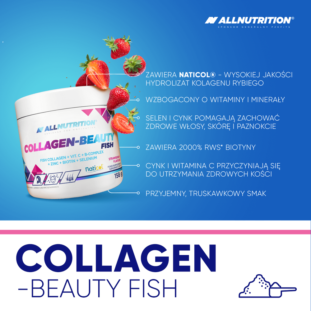 Allnutrition Collagen-Beauty Fish Peptydy Kolagenu Morskiego z Kompleksem Witamin i Minerałów Strawberry 158g